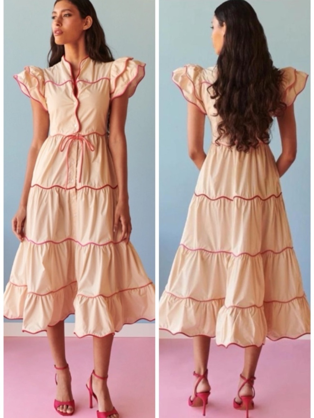 NWT CeliaB Neutral Baba Voyager Cream Midi Tiered Dress SZ S